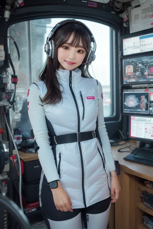 masterpiece, highest quality, Very detailed, 8K Portrait,Japanese Android Girl,plump , Control panel,Robotic arms and legs, Blunt bangs,,break (Metallic Gray, Metallic luster, Mirror finish, Astro Best):5,headphone:5,break (Black sleeves):100,Smart Watches,Futuristic space station,Control Room,break headphone,blue eyes,(Black Hair):2,(Long Hair):1.3,View the viewer,(respirator),break blush:3,Hidden Hand,smile