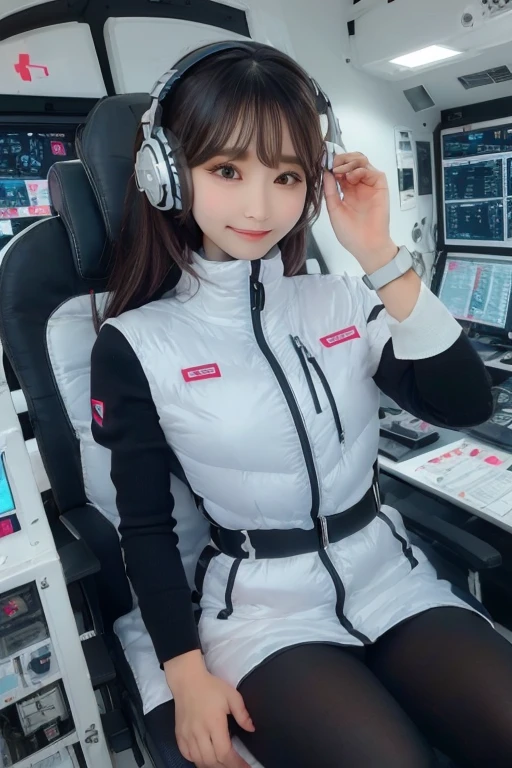 masterpiece, highest quality, Very detailed, 8K Portrait,Japanese Android Girl,plump , Control panel,Robotic arms and legs, Blunt bangs,,break (Metallic Gray, Metallic luster, Mirror finish, Astro Best):5,headphone:5,break (Black sleeves):100,Smart Watches,Futuristic space station,Control Room,break headphone,blue eyes,(Black Hair):2,(Long Hair):1.3,View the viewer,(respirator),break blush:3,Hidden Hand,smile