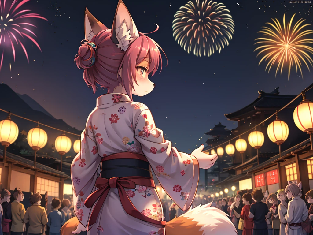 Hallucination, daydream , fantastic , Fear , bokeh , hairy fur , yukata , fox girl , hair tie , Medium hair , up hair , natsu matsuri , Japanese festival , Sensual nape , Fireworks display , look away , focus nape , Dating simulation games , Large crowd