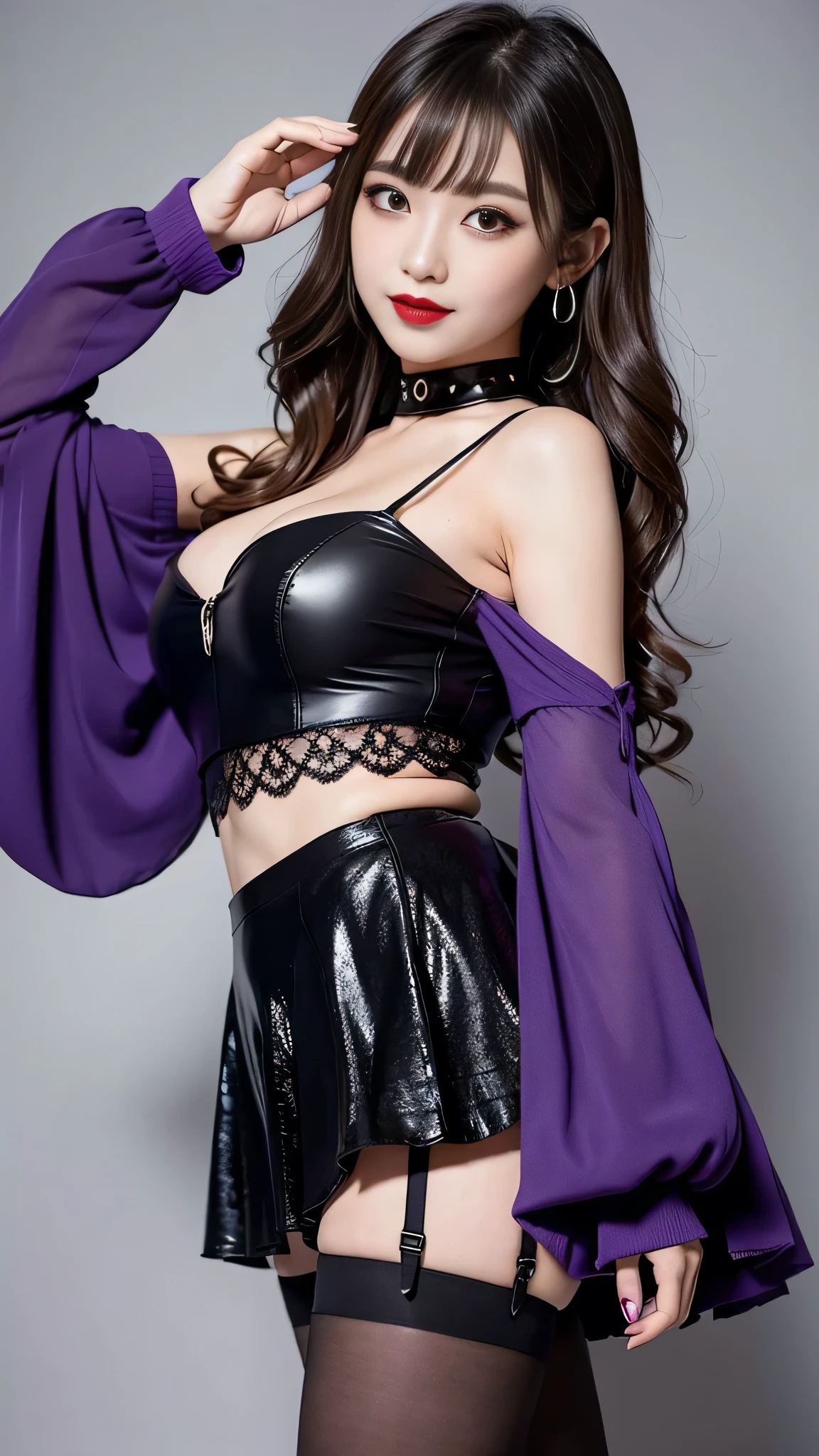 best quality、ultra-detailed、8k、Japanese、Japanese、Seductive beauty、seductive adult woman、Pretty Woman、cool girl、smirk、Wicked Smile、Villainess、brainwash makeup、Brainwashed、brainwash、Fallen into evil、Evil look、evil、Brown hair、wavy hair、swept bangs、dark makeup、piercing eyes、hollow eyes,half-closed eyes、Hollow Eyes、purple Eyeshadow、black lipstick、black lipglos、black party dress、Purple ribbon、White top、Wide sleeves、Black flared skirt、pantyhose、stockings、night、inside darkroom、Are standing、Look、Offer、shoot from below、Make up、Have lipstick、Swear allegiance、I have pledged my allegiance、Seduce、Evil female executive、Female Combatant