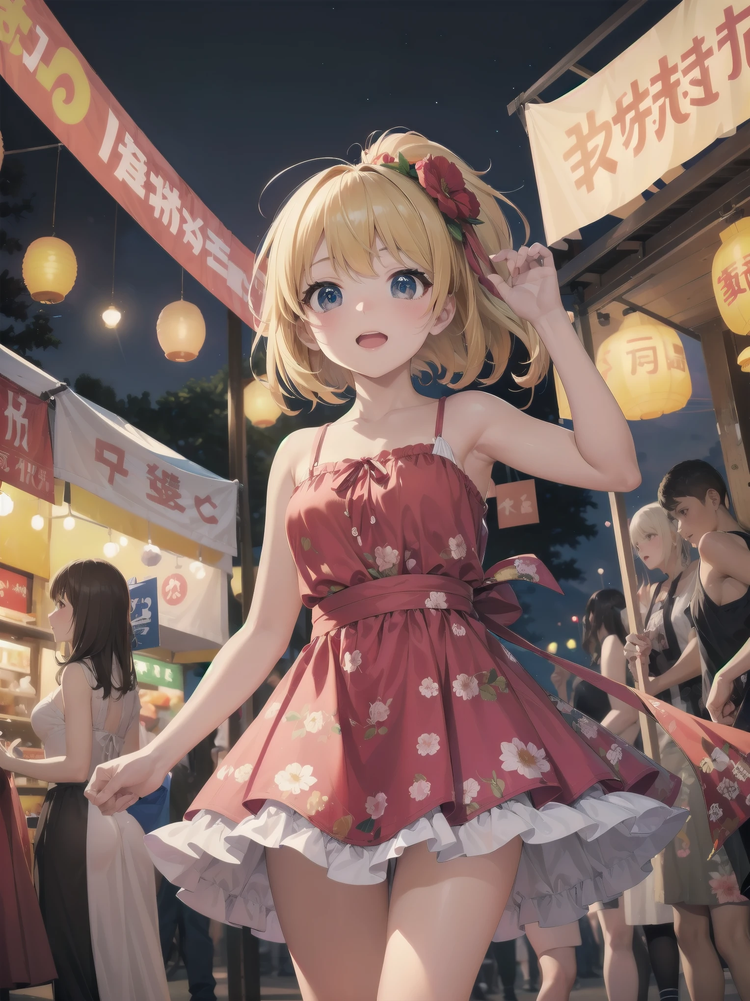 Masterpiece, high quality, high resolution, semi-realistic, 2.5D, perfect anatomy, super-detailed and detailed illustrations, sfw,
Subject: Cute Crowd
Subtitle: {blonde twin-tail}{flowery summer dress}{looking up pose}{summer festival night market}{expression of surprise}{full size camera, f/2.8, 1/250 sec, ISO 1600, night shooting mode}

A beautiful girl with twin-tailed blonde hair is standing at a summer festival night market. She is wearing a floral summer dress and is posed looking up with a surprised expression on her face. Her large eyes sparkle, adding to the lively atmosphere of the night. Lit lanterns in the background give the impression of a lively night market. The photo was taken with a full-size camera at an aperture of f/2.8, a shutter speed of 1/250 sec and ISO 1600, and the night shooting mode makes the beautiful girl appear clear even against a dark background. The blurred background lights make her stand out as if she were in the spotlight.