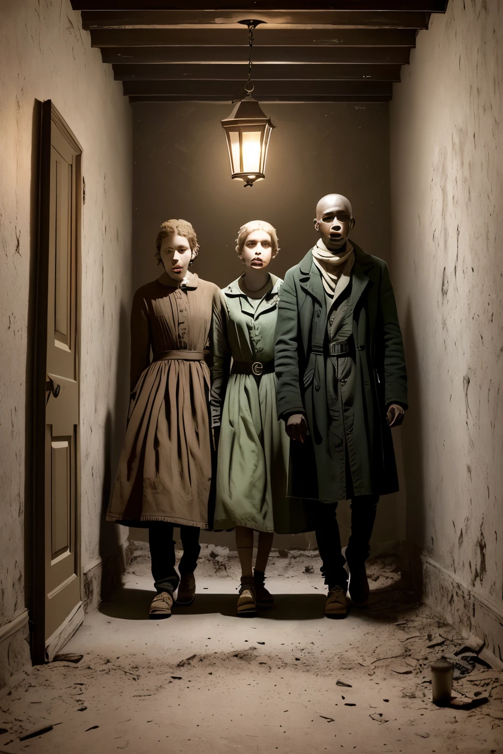 A hauntingly beautiful tableau of youth,
nervous expressions etched on faces,
stepping cautiously through dimly-lit hallway passages,
exposed plaster walls and dusty furniture,
a dilapidated old house casting an eerie glow.

A chilling, hyper-realistic scene,
captured in the highest quality, 4k textures,
with each grimaced face meticulously detailed,
their skin textures so lifelike they could almost feel the touch,
suffused with film grain and soft, muted colors,
as the group navigates the desolate interior with little more than flickering lantern light to guide them