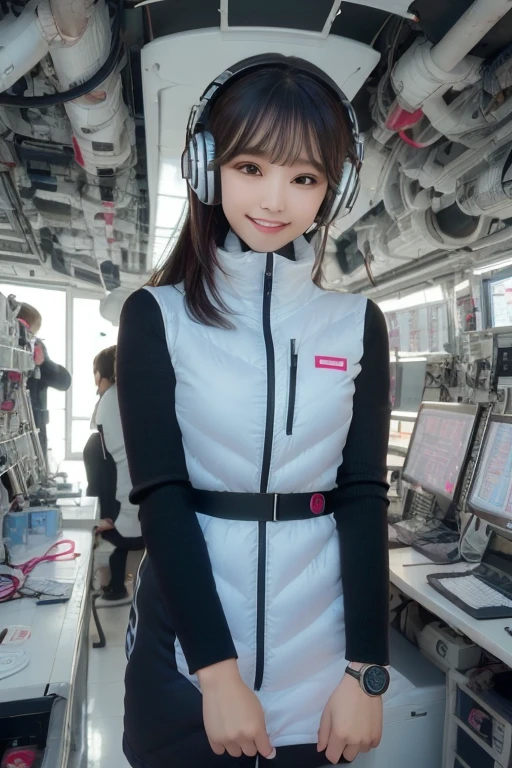 masterpiece, highest quality, Very detailed, 8K Portrait,Japanese Android Girl,plump , Control panel,Robotic arms and legs, Blunt bangs,,break (Metallic Gray, Metallic luster, Mirror finish, Astro Best):5,headphone:5,break (Black sleeves):100,Smart Watches,Futuristic space station,Control Room,break headphone,blue eyes,(Black Hair):2,(Long Hair):1.3,View the viewer,(respirator),break blush:3,Hidden Hand,smile