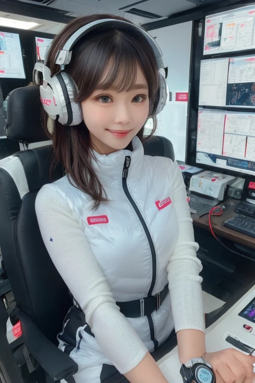 masterpiece, highest quality, Very detailed, 8K Portrait,Japanese Android Girl,plump , Control panel,Robotic arms and legs, Blunt bangs,,break (Metallic Gray, Metallic luster, Mirror finish, Astro Best):5,headphone:5,break (Black sleeves):100,Smart Watches,Futuristic space station,Control Room,break headphone,blue eyes,(Black Hair):2,(Long Hair):1.3,View the viewer,(respirator),break blush:3,Hidden Hand,smile