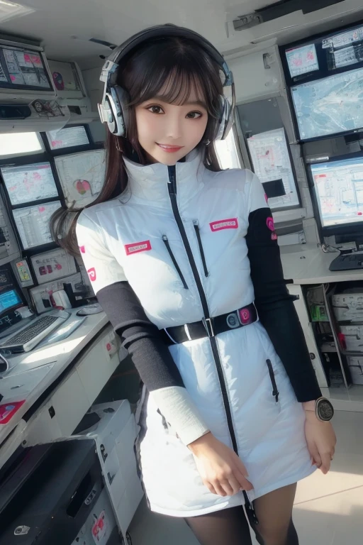 masterpiece, highest quality, Very detailed, 8K Portrait,Japanese Android Girl,plump , Control panel,Robotic arms and legs, Blunt bangs,,break (Metallic Gray, Metallic luster, Mirror finish, Astro Best):5,headphone:5,break (Black sleeves):100,Smart Watches,Futuristic space station,Control Room,break headphone,blue eyes,(Black Hair):2,(Long Hair):1.3,View the viewer,(respirator),break blush:3,Hidden Hand,smile