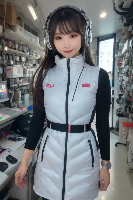 masterpiece, highest quality, Very detailed, 8K Portrait,Japanese Android Girl,plump , Control panel,Robotic arms and legs, Blunt bangs,,break (Metallic Gray, Metallic luster, Mirror finish, Astro Best):5,headphone:5,break (Black sleeves):100,Smart Watches,Futuristic space station,Control Room,break headphone,blue eyes,(Black Hair):2,(Long Hair):1.3,View the viewer,(respirator),break blush:3,Hidden Hand,smile