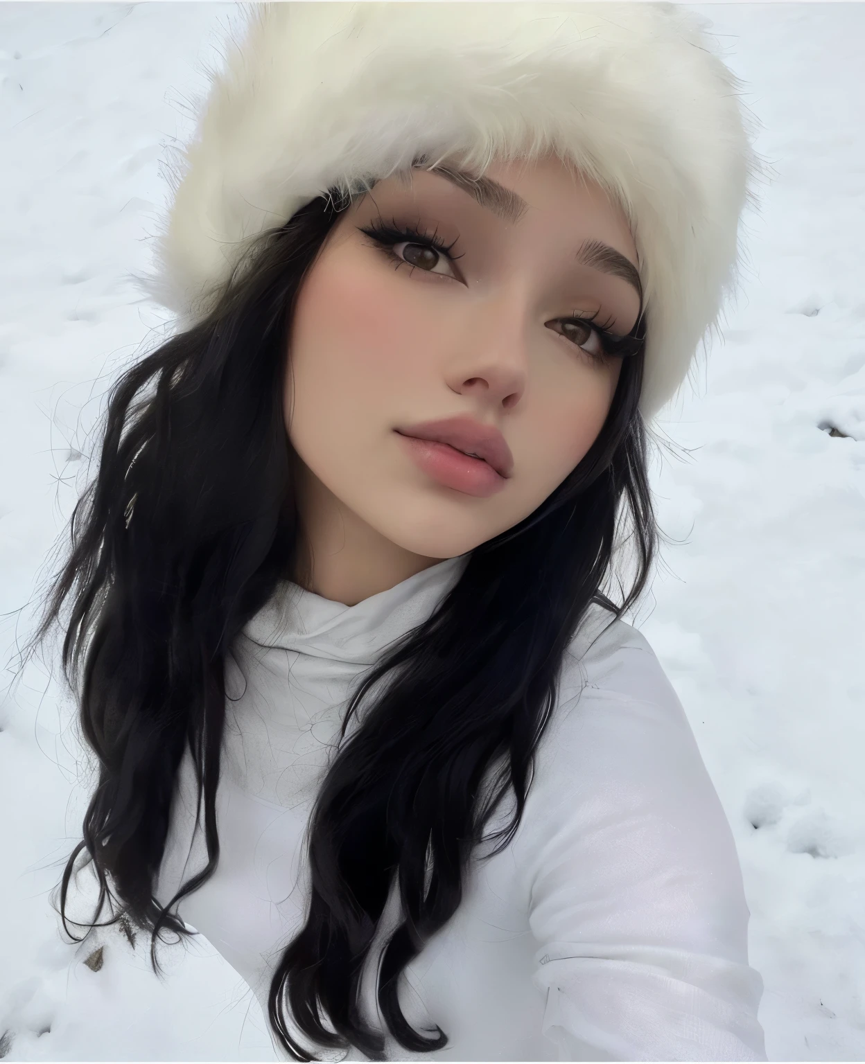 araffe woman with long black hair and white hat, Violeta Myers, ava max, Bella Poarca, cerveja madison, Anna Nikonova aka Newmilky, na neve, Retrato de Sophie Mudd, na neve, Bela Delfina, with fluffy white fur, garota persa de pele clara, imagem de perfil, imagem de perfilture, imagem de perfil, pale, snow-white skin