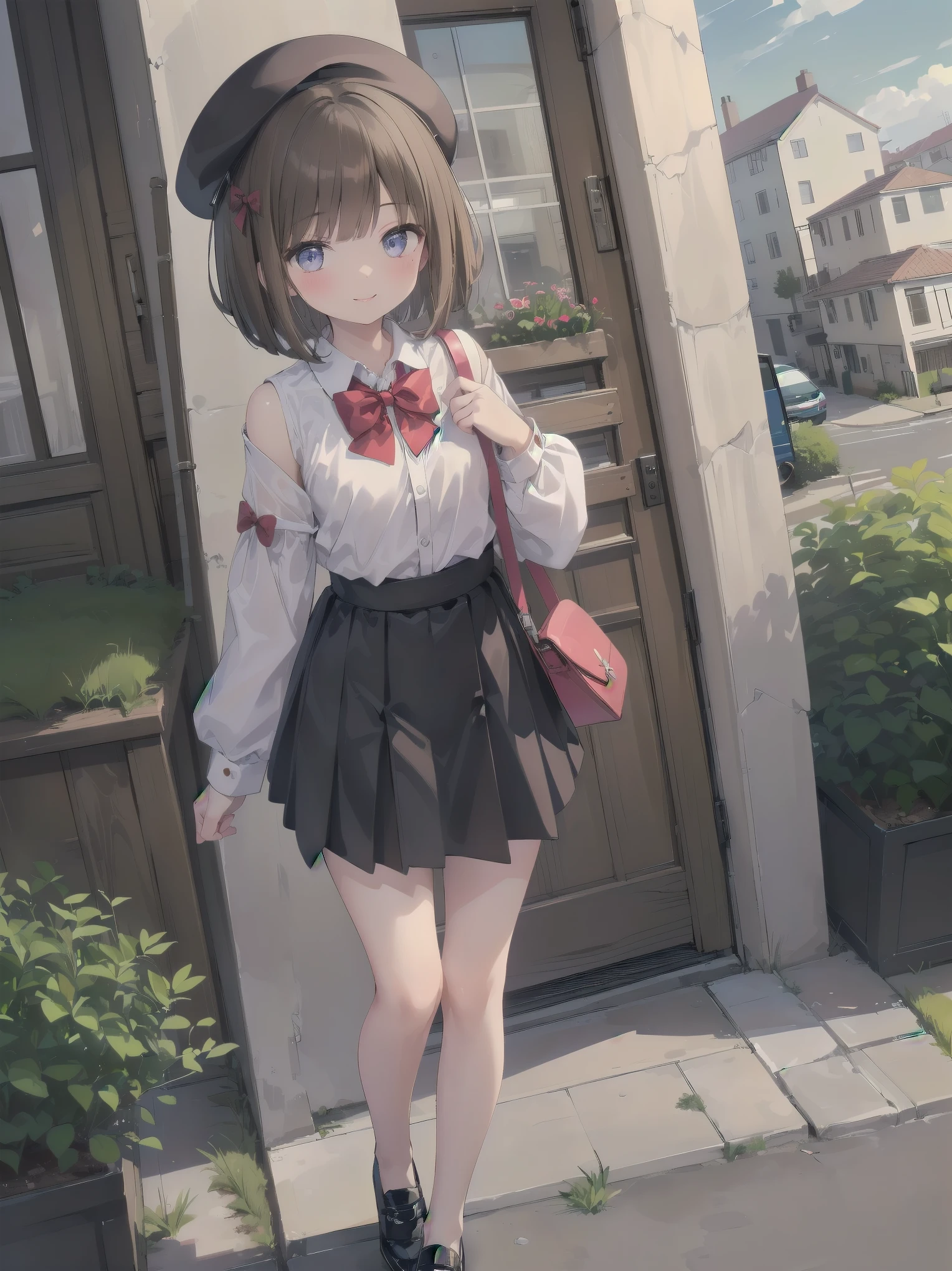 (((Very detailed, Very detailed CG ユニティ 8k 壁紙, figure, High resolution, Absurd, Beautiful fine details, finely detailed chest, Very detailed髪)), ((masterpiece))
Outdoor,null,cloud,Grass,
((Beautiful fine details)),
One girl,alone,
Subjective View Crotch,
Cowboy Shot,
One girl, shirt, bow, Brown Hair, bowtie, skirt, red bow, white shirt, One boy, Have, red bowtie, black skirt, shoes下, bag, collared shirt, Dutch Angle, beret, Black Hat, Open your mouth, shoulder bag, Iris, Medium Hair, shoes, Mouth closed, Long sleeve, Black footwear, null, blush, Bob Cut Hair, bangs, Outdoor, Smiling at the viewer, chest, Are standing, building, A shy and shy pose