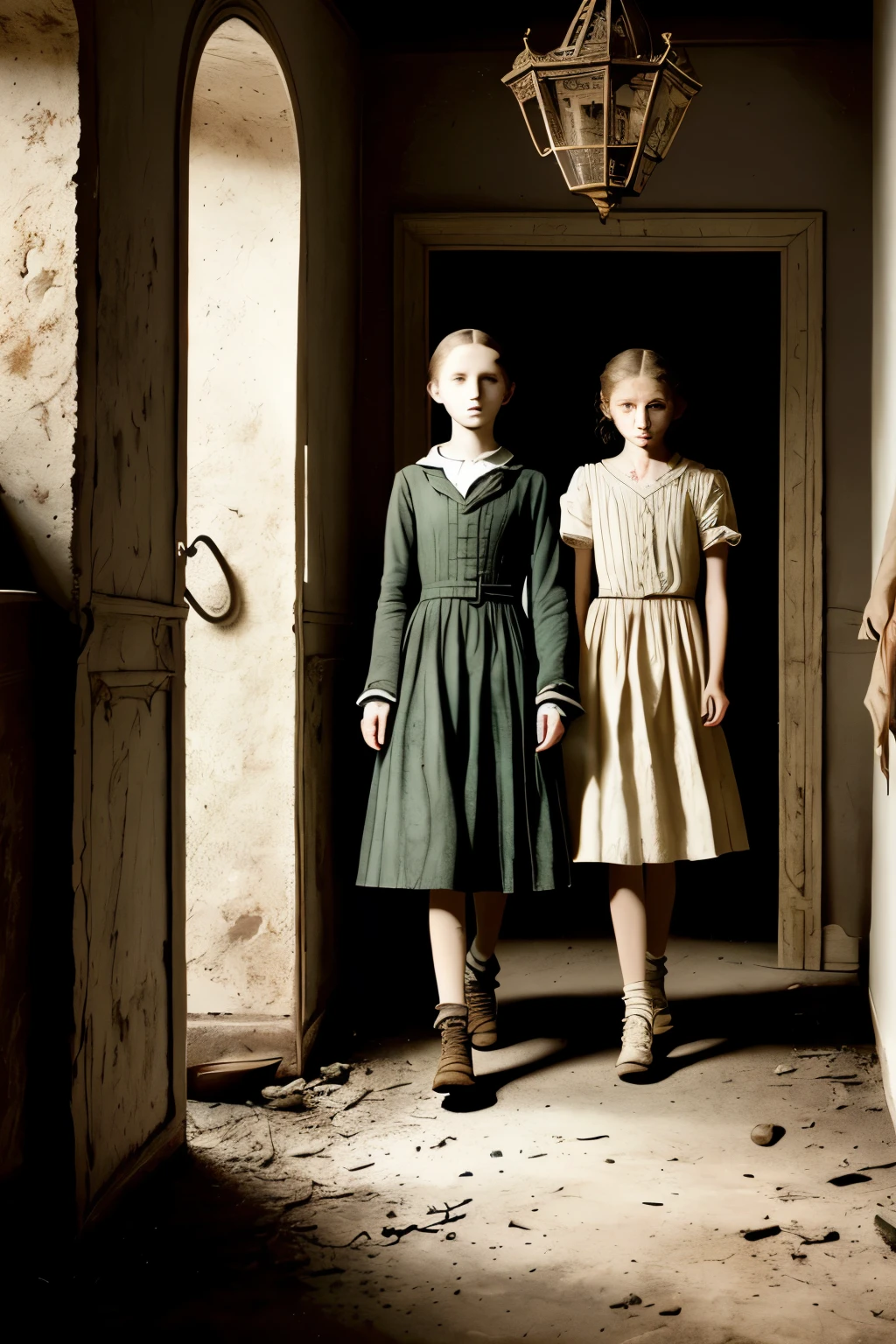 A hauntingly beautiful tableau of youth,
nervous expressions etched on faces,
stepping cautiously through dimly-lit hallway passages,
exposed plaster walls and dusty furniture,
a dilapidated old house casting an eerie glow.
A chilling, hyper-realistic scene,
captured in the highest quality, 4k textures,
with each grimaced face meticulously detailed,
their skin textures so lifelike they could almost feel the touch,
suffused with film grain and soft, muted colors,
as the group navigates the desolate interior with little more than flickering lantern light to guide them