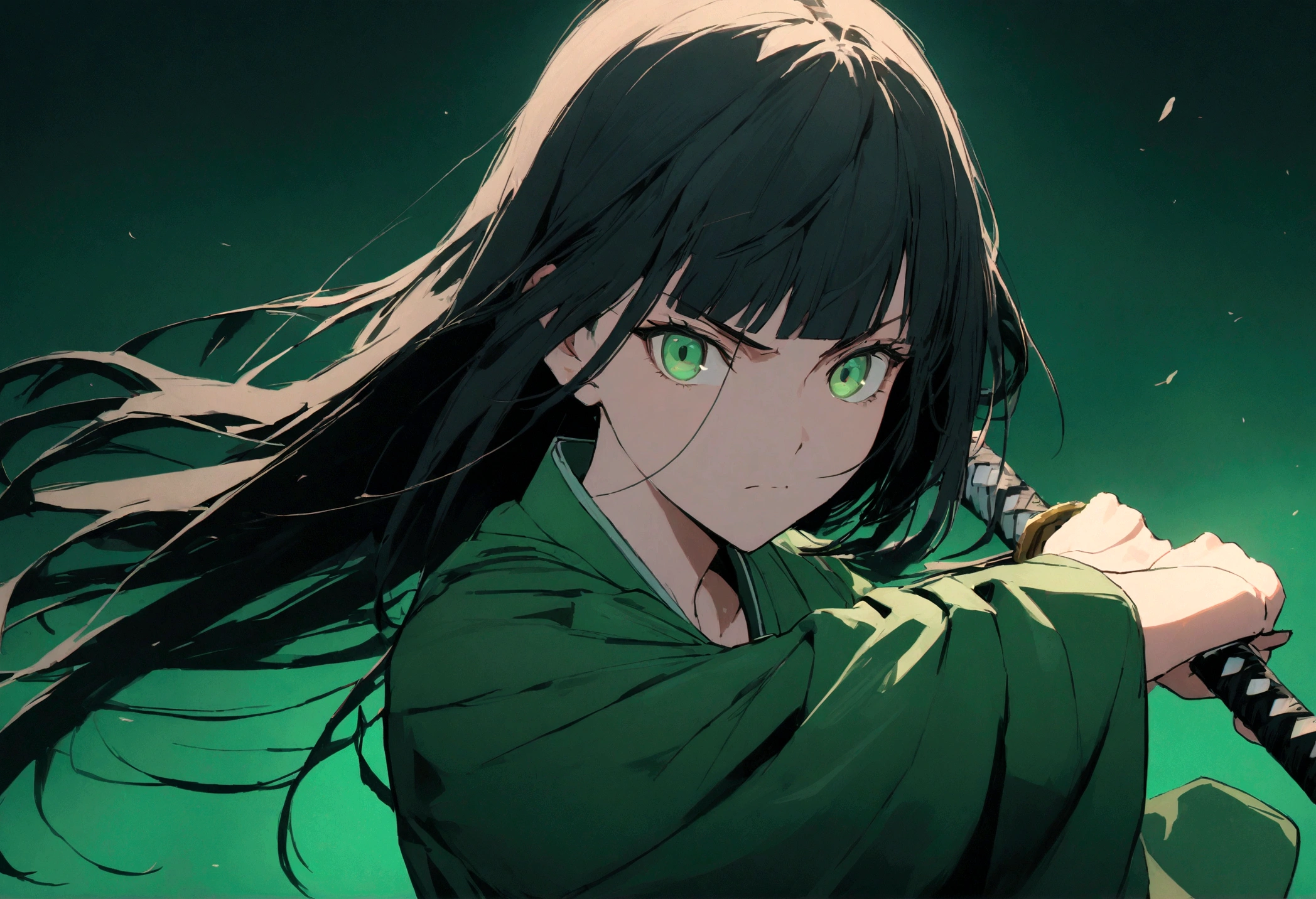 Young woman, perfect anatomic draw, perfect eyes, long black hair, beautiful eyes, straight bangs down, green eyes, beautiful, (green kimono), in the green background, serious face, serious woman, brave pose, fighting with a katana, 8k, high quality, full HD.