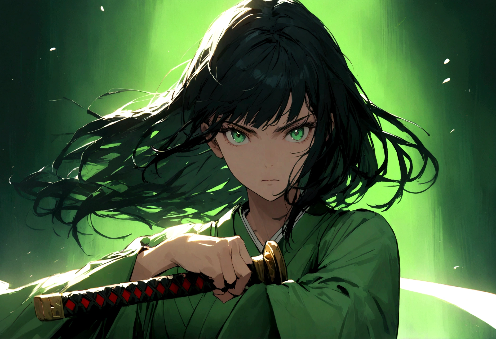 Young woman, perfect anatomic draw, perfect eyes, long black hair, beautiful eyes, straight bangs down, green eyes, beautiful, (green kimono), in the green background, serious face, serious woman, brave pose, fighting with a katana, 8k, high quality, full HD.