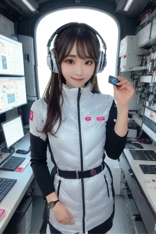 masterpiece, highest quality, Very detailed, 8K Portrait,Japanese Android Girl,plump , Control panel,Robotic arms and legs, Blunt bangs,,break (Metallic Gray, Metallic luster, Mirror finish, Astro Best):5,headphone:5,break (Black sleeves):100,Smart Watches,Futuristic space station,Control Room,break headphone,blue eyes,(Black Hair):2,(Long Hair):1.3,View the viewer,(respirator),break blush:3,Hidden Hand,smile