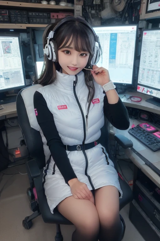 masterpiece, highest quality, Very detailed, 8K Portrait,Japanese Android Girl,plump , Control panel,Robotic arms and legs, Blunt bangs,,break (Metallic Gray, Metallic luster, Mirror finish, Astro Best):5,headphone:5,break (Black sleeves):100,Smart Watches,Futuristic space station,Control Room,break headphone,blue eyes,(Black Hair):2,(Long Hair):1.3,View the viewer,(respirator),break blush:3,Hidden Hand,smile