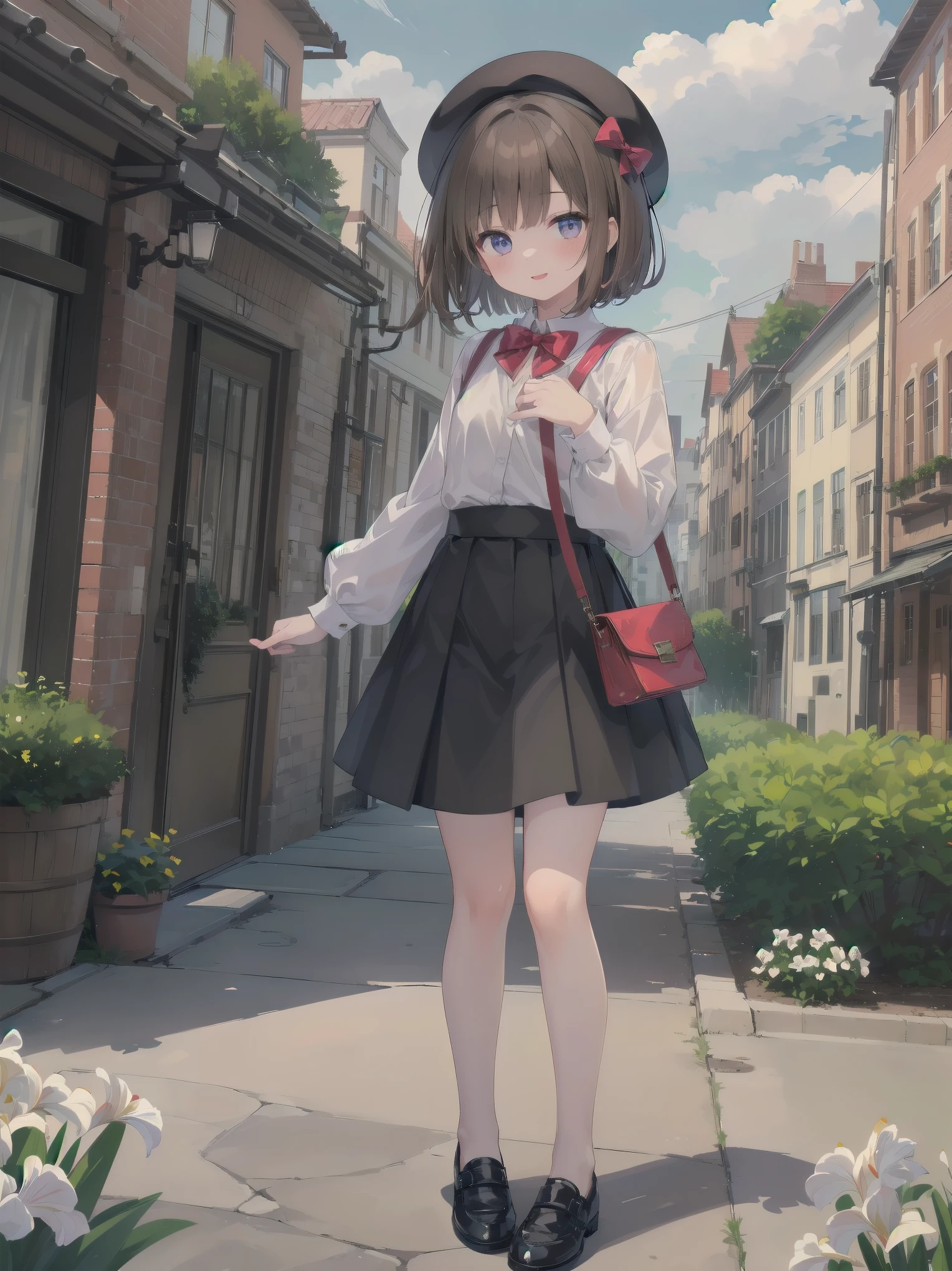 (((Very detailed, Very detailed CG ユニティ 8k 壁紙, figure, High resolution, Absurd, Beautiful fine details, finely detailed chest, Very detailed髪)), ((masterpiece))
Outdoor,null,cloud,Grass,
((Beautiful fine details)),
One girl,alone,
Subjective View Crotch,
Cowboy Shot,
One girl, shirt, bow, Brown Hair, bowtie, skirt, red bow, white shirt, One boy, Have, red bowtie, black skirt, shoes下, bag, collared shirt, Dutch Angle, beret, Black Hat, Open your mouth, shoulder bag, Iris, Medium Hair, shoes, Mouth closed, Long sleeve, Black footwear, null, blush, Bob Cut Hair, bangs, Outdoor, Smiling at the viewer, chest, Are standing, building,   A shy and shy pose