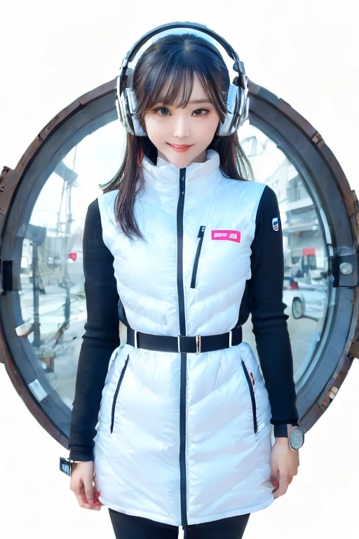 masterpiece, Highest quality, Very detailed, 8K Portrait,Japanese Android Girl,plump , Control panel,Robotic arms and legs, Blunt bangs,,break (Metallic Gray, Metallic luster, Mirror finish, Astro Best):5,headphone:5,break (Black sleeves):100,Smart Watches,Futuristic space station,Control Room,break headphone,blue eyes,(Black Hair):2,(Long Hair):1.3,Displaying the viewer,(respirator),break blush:3,Hidden Hand,smile