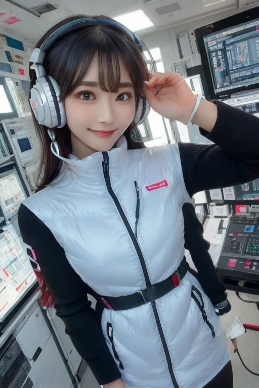 masterpiece, highest quality, Very detailed, 8K Portrait,Japanese Android Girl,plump , Control panel,Robotic arms and legs, Blunt bangs,,break (Metallic Gray, Metallic luster, Mirror finish, Astro Best):5,headphone:5,break (Black sleeves):100,Smart Watches,Futuristic space station,Control Room,break headphone,blue eyes,(Black Hair):2,(Long Hair):1.3,View the viewer,(respirator),break blush:3,Hidden Hand,smile