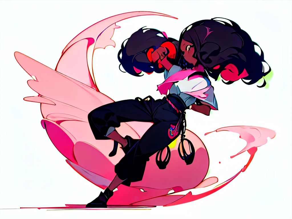 ((Obra de arte)),(((melhor qualidade))),(ficha de design de personagem, mesmo personagem, Frente, lado, voltar), uma garota morena afro, cabelo loiro natural cacheado volumoso, Olhos castanhos escuros, cabelo solto , Pose with one hand on your waist with your leg slightly to the side, female, Wide shirt written Haruchiyo in pink on the front and on the back of the shirt a pink Japanese dragon also contrasting with the black color, black cargo pants with a silver chain on the side, bota preta com cano branco,