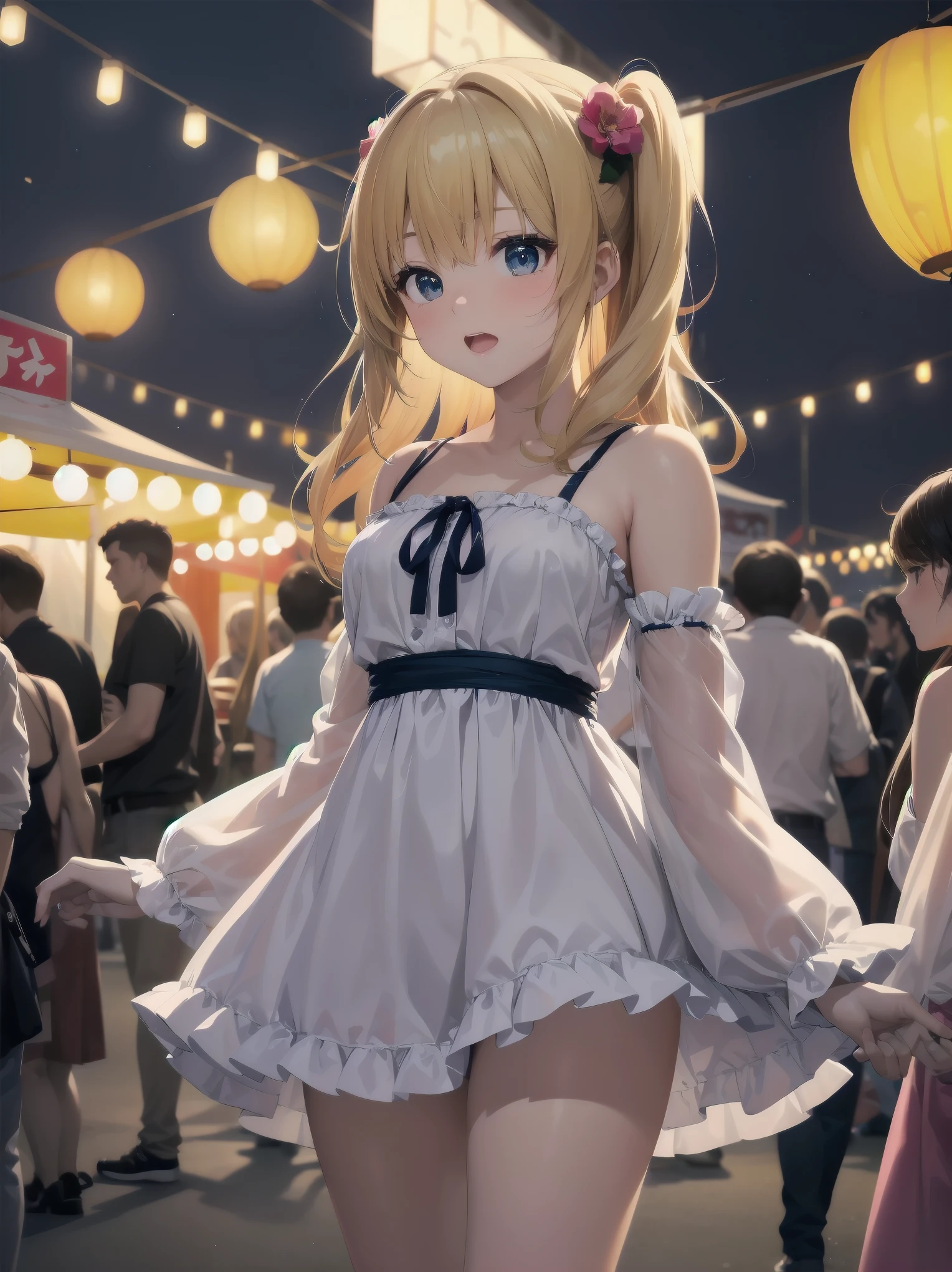 Masterpiece, high quality, high resolution, semi-realistic, 2.5D, perfect anatomy, super-detailed and detailed illustrations, sfw,
Subject: Cute Crowd
Subtitle: {blonde twin-tail}{flowery summer dress}{looking up pose}{summer festival night market}{expression of surprise}{full size camera, f/2.8, 1/250 sec, ISO 1600, night shooting mode}
A beautiful girl with twin-tailed blonde hair is standing at a summer festival night market. She is wearing a floral summer dress and is posed looking up with a surprised expression on her face. Her large eyes sparkle, adding to the lively atmosphere of the night. Lit lanterns in the background give the impression of a lively night market. The photo was taken with a full-size camera at an aperture of f/2.8, a shutter speed of 1/250 sec and ISO 1600, and the night shooting mode makes the beautiful girl appear clear even against a dark background. The blurred background lights make her stand out as if she were in the spotlight.