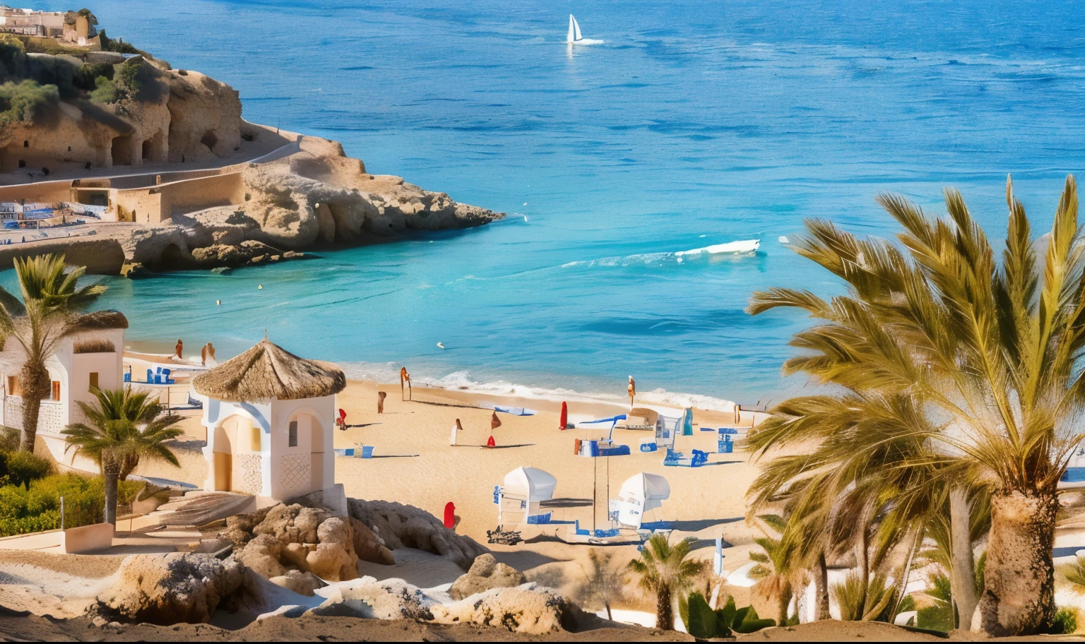 there are many people on the beach and in the water, costa blanca, mediterranean beach background, beautiful high resolution, marbella, shutterstock, seaside, spain, by Bernardino Mei, ibiza, marbella landscape, beach, wide image, yummy, coast, !!highly detalied, beautiful image, by Harold von Schmidt, oman, usa-sep 20