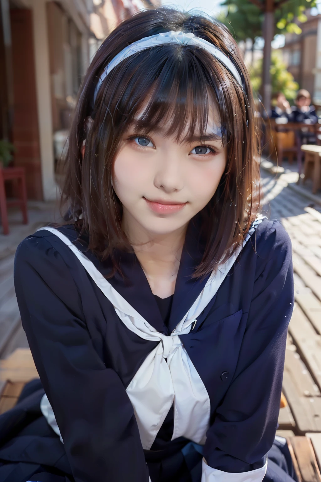 Sailor suit, One Woman, (Beautiful woman, delicate :1.3), Black Hair, (Short bobcut:1.3), bangs, (8k), (highest quality: 1.2), (Realistic), (Realistic: 1.37), (masterpiece), (Ultra-high resolution), (RAW Photos), (Absolute Resolution), (((face is small compared to body: 1.4))), (((Small face:1.4))), A balanced face, (Small Mouth: 1.4), ((Slim female body: 1.4)), Black Hair, (((long sleeve Sailor suit))), Realistic high school girl, (White headband:1.4), Small breasts, Slanted Eyes, Bright Blue Eyes, (Cafe on the open terrace), smile, Blurred, Black Stockings, Black garter belt, Three white lines on the collar of a sailor suit, cowboy shot,