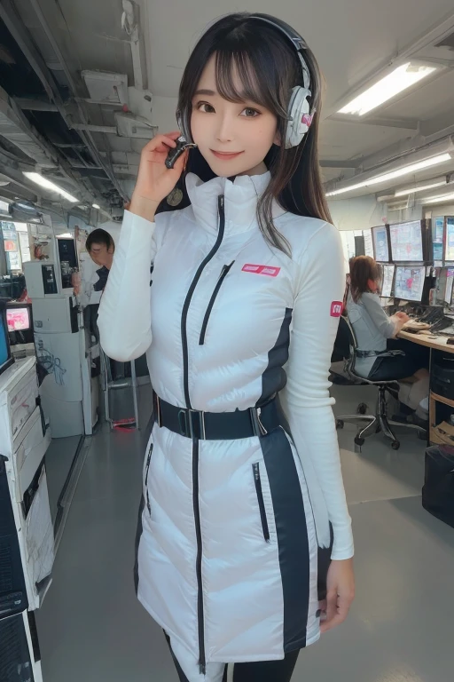 masterpiece, highest quality, Very detailed, 8K Portrait,Japanese Android Girl,plump , Control panel,Robotic arms and legs, Blunt bangs,,break (Metallic Gray, Metallic luster, Mirror finish, Astro Best):5,headphone:5,break (Black sleeves):100,Smart Watches,Futuristic space station,Control Room,break headphone,blue eyes,(Black Hair):2,(Long Hair):1.3,View the viewer,(respirator),break blush:3,Hidden Hand,smile