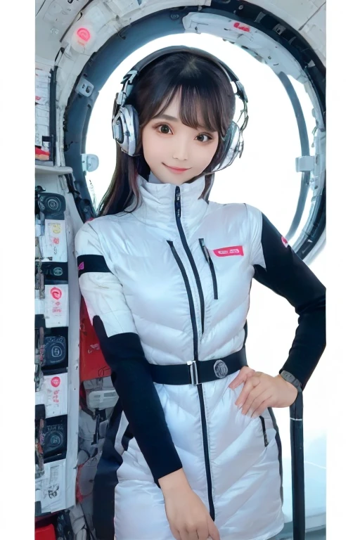 masterpiece, highest quality, Very detailed, 8K Portrait,Japanese Android Girl,plump , Control panel,Robotic arms and legs, Blunt bangs,,break (Metallic Gray, Metallic luster, Mirror finish, Astro Best):5,headphone:5,break (Black sleeves):100,Smart Watches,Futuristic space station,Control Room,break headphone,blue eyes,(Black Hair):2,(Long Hair):1.3,View the viewer,(respirator),break blush:3,Hidden Hand,smile