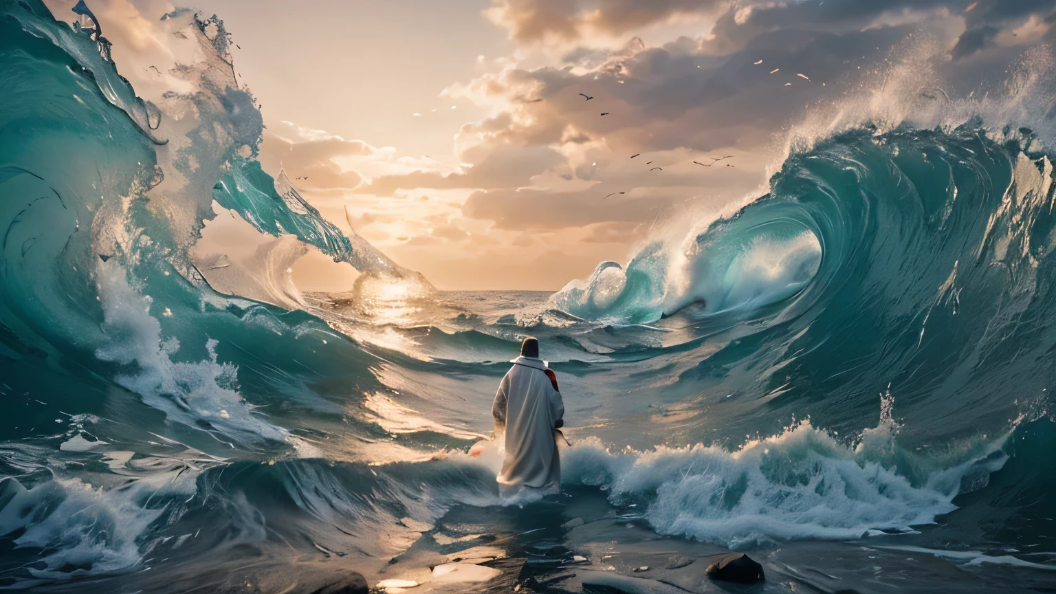 A man in a robe divides the sea in two and passes through it. Cinematic and dramatic scene