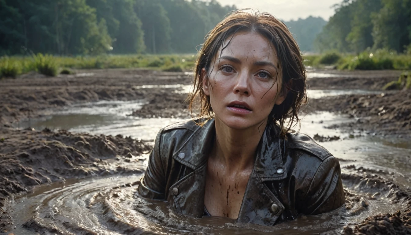 a 40-years-old woman's head drowned in a muddy bog, from afar view:1.0, orgasmic facial expression, losing control, (best quality,4k,8k,highres,masterpiece:1.2),ultra-detailed,(realistic,photorealistic,photo-realistic:1.37),HDR,UHD,studio lighting,ultra-fine painting,sharp focus,physically-based rendering,extreme detail description,professional,vivid colors,bokeh,dark fantasy,muted lighting,cinematic, from above view, messy leather jacket