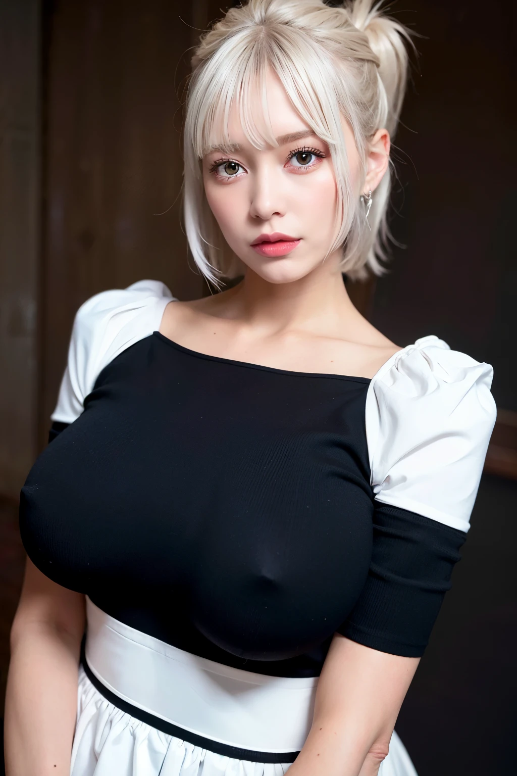 Best quality, ultra haute résolution, (photorealistic:1.4), 1fille, white off shoulder shirt, Jupe moulante noire, Tour de cou noir, (bleached ash gray hair:1), (huge tits:1.2), regarder le spectateur, fermer ,