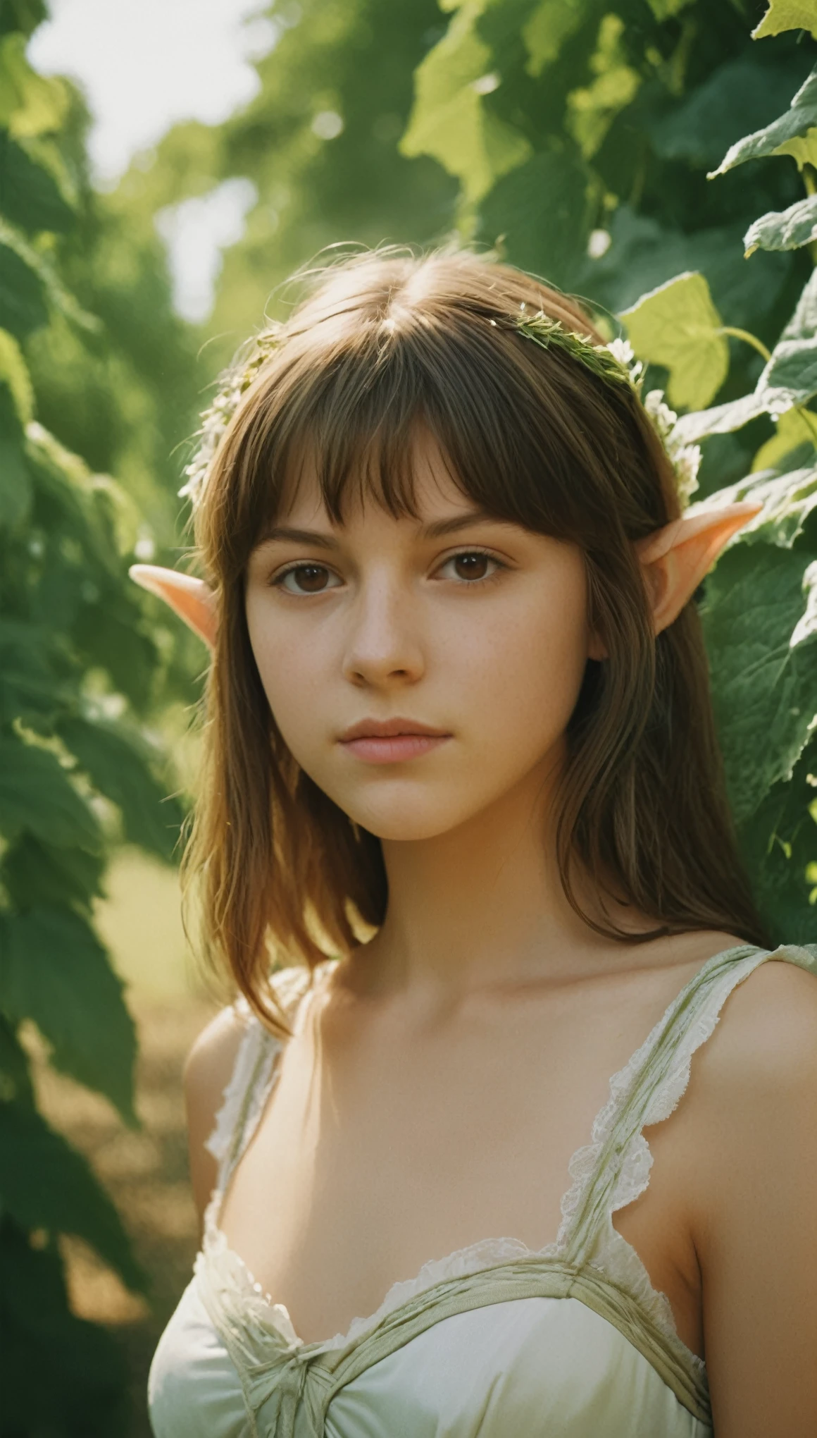 analog film photo, photo of a young elf girl, 18 years-old, elf, elf ears, long pointy ears, brown eyes, light-brown sun-tanned skin, goosebumps, pretty, natural beauty, resembles a young Mary Elizabeth Winstead, posing in a mystic vineyard, RAW Photograph, dslr, soft lighting, high quality, film grain, Fujifilm XT3, detailed skin with visible pores, insane details, masterpiece, 8k, 35mm photograph, dslr, kodachrome, faded film, desaturated, grainy, vintage, Kodachrome, Lomography, stained, highly detailed, found footage, elven ears