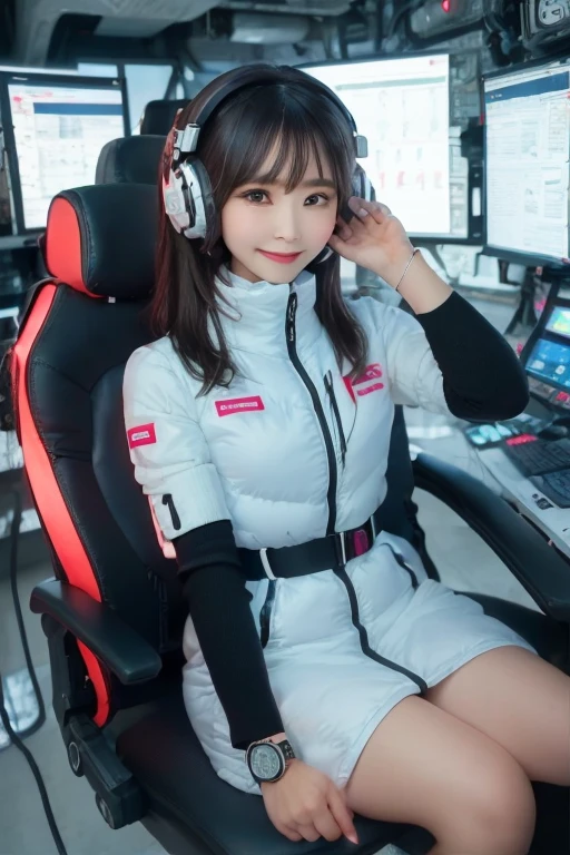 masterpiece, highest quality, Very detailed, 8K Portrait,Japanese Android Girl,plump , Control panel,Robotic arms and legs, Blunt bangs,,break (Metallic Gray, Metallic luster, Mirror finish, Astro Best):5,headphone:5,break (Black sleeves):100,Smart Watches,Futuristic space station,Control Room,break headphone,blue eyes,(Black Hair):2,(Long Hair):1.3,View the viewer,(respirator),break blush:3,Hidden Hand,smile