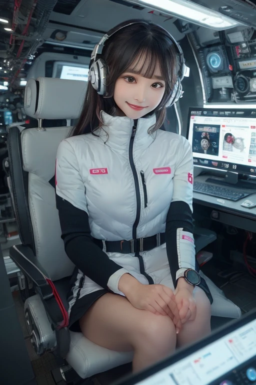 masterpiece, highest quality, Very detailed, 8K Portrait,Japanese Android Girl,plump , Control panel,Robotic arms and legs, Blunt bangs,,break (Metallic Gray, Metallic luster, Mirror finish, Astro Best):5,headphone:5,break (Black sleeves):100,Smart Watches,Futuristic space station,Control Room,break headphone,blue eyes,(Black Hair):2,(Long Hair):1.3,View the viewer,(respirator),break blush:3,Hidden Hand,smile