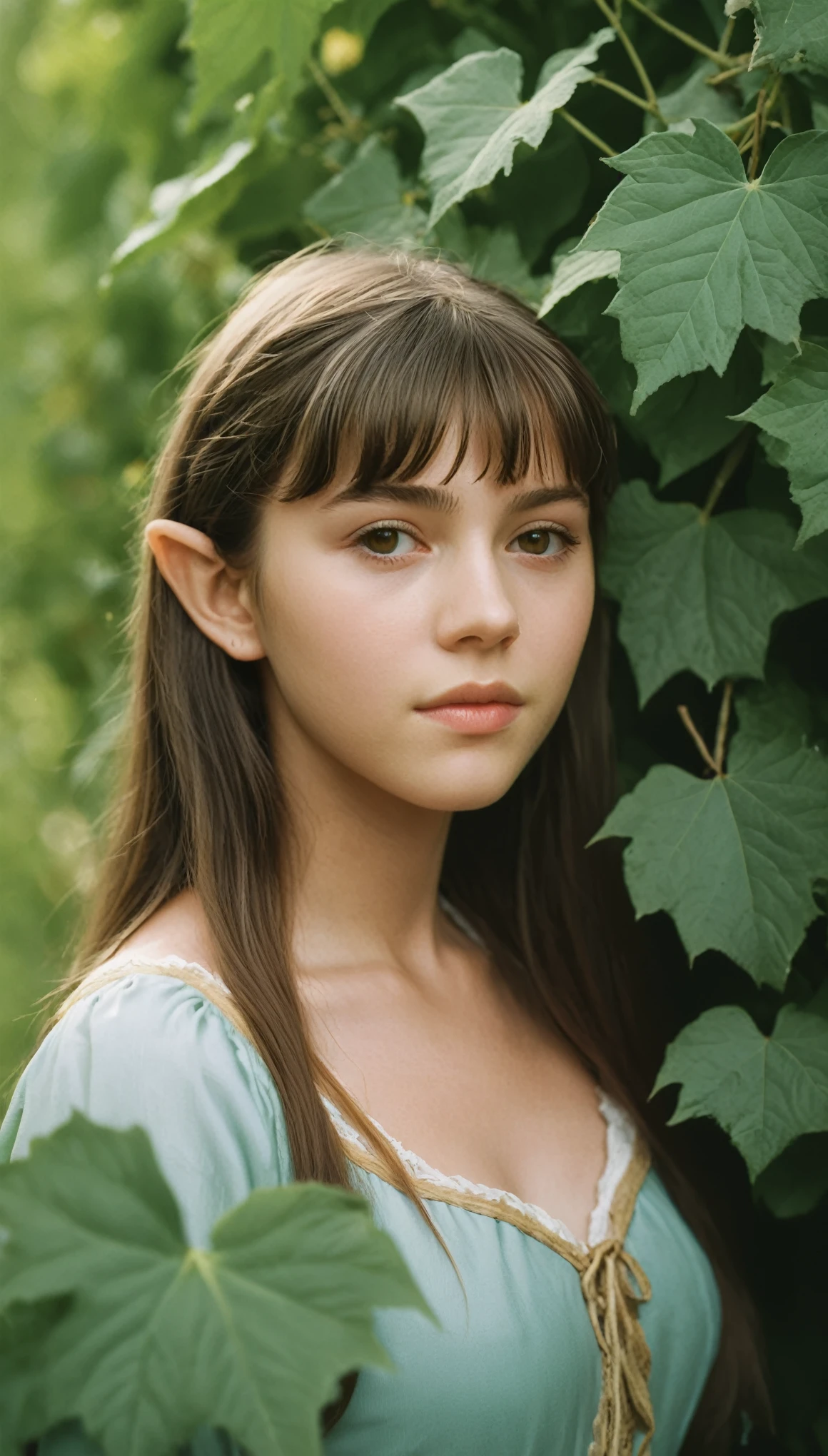 analog film photo, photo of a young elf girl, 18 years-old, elf, elf ears, long pointy ears, brown eyes, light-brown sun-tanned skin, goosebumps, pretty, natural beauty, resembles a young Mary Elizabeth Winstead, posing in a mystic vineyard, RAW Photograph, dslr, soft lighting, high quality, film grain, Fujifilm XT3, detailed skin with visible pores, insane details, masterpiece, 8k, 35mm photograph, dslr, kodachrome, faded film, desaturated, grainy, vintage, Kodachrome, Lomography, stained, highly detailed, found footage, elven ears