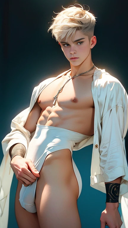 Oily painting, highly detailed painting by alphonse mucha Justin Bieber art antique white+bisque watercolor, attractive uncovered male figure, full-length silhouette, image of insidious seduction, Young man 19 years old In a tight, thin leotard, Large voluminous elastic lush buttocks are exposed, torn fabric, Covers the groin with his hand, squeezes the mound,