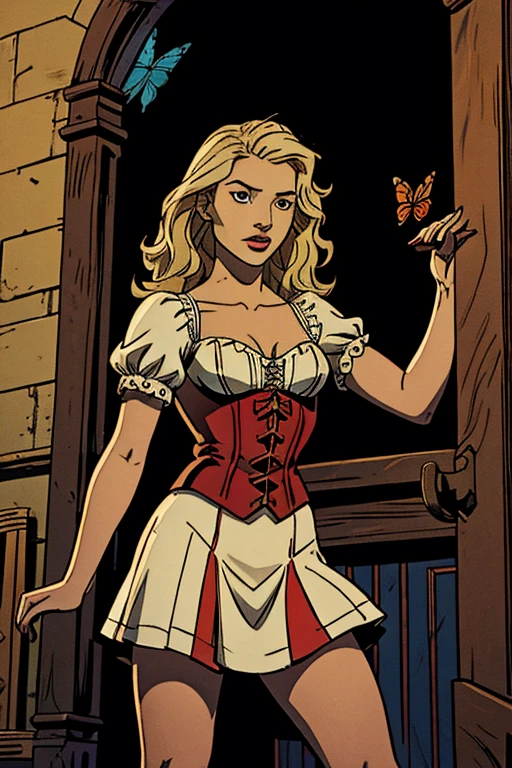 Jenna Coleman: Emilie de Ravin: Pirates of the Caribbean (1girl:1.3),Queen: short skirt: blonde wavy hair: Red dress: Mary Poppins: Emma Rigby: Pirates of the Caribbean: Emilie de Ravin: butterflies: Corset: