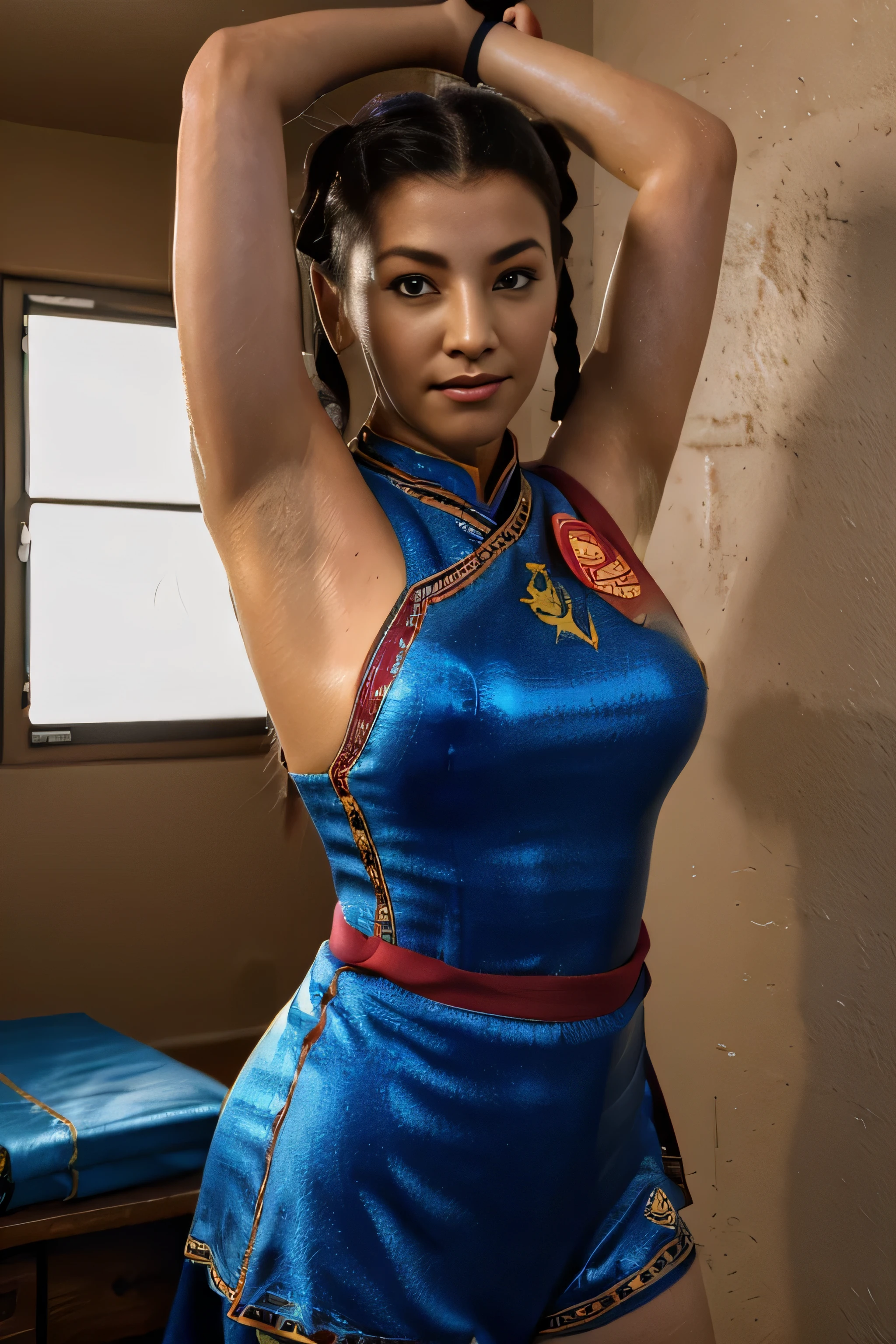 masterpiece、1 beautiful girl、fine eyes、smile,puffy eyes、highest quality, 超High resolution, (reality: 1.4), movie lighting、super beautiful、beautiful skin、body facing forward、Upper body,close up of face,(Ultra-realistic)、(High resolution)、(8k)、(very detailed)、(Beautiful and fine eyes)、(Super detailed)、 (wall-)、detailed face、bright lighting、professional lighting、looking at the viewer、look straight ahead、slanted bangs、perfect cosplay,Pai-chan, Twin braids with blue ribbon, brown eyes, double good,black hair,
Are standing, alone , Upper body, combat readiness, 
blue cheongsam, red obi, pants, No sleeve, blue sky, cloudy, evening,
(Extremely detailed, Beautifully detailed face, masterpiece, highest quality 
 high quality, masterpiece mature appearance,armpits,sweat,sweaty,sweaty armpits,arms up,showing armpits,awesome armpits,outfit,blackish red arm warmers,maroon arm bands, maroon arm warmers,both arms raised