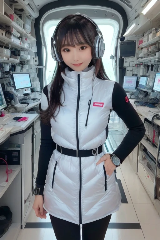 masterpiece, highest quality, Very detailed, 8K Portrait,Japanese Android Girl,plump , Control panel,Robotic arms and legs, Blunt bangs,,break (Metallic Gray, Metallic luster, Mirror finish, Astro Best):5,headphone:5,break (Black sleeves):100,Smart Watches,Futuristic space station,Control Room,break headphone,blue eyes,(Black Hair):2,(Long Hair):1.3,View the viewer,(respirator),break blush:3,Hidden Hand,smile