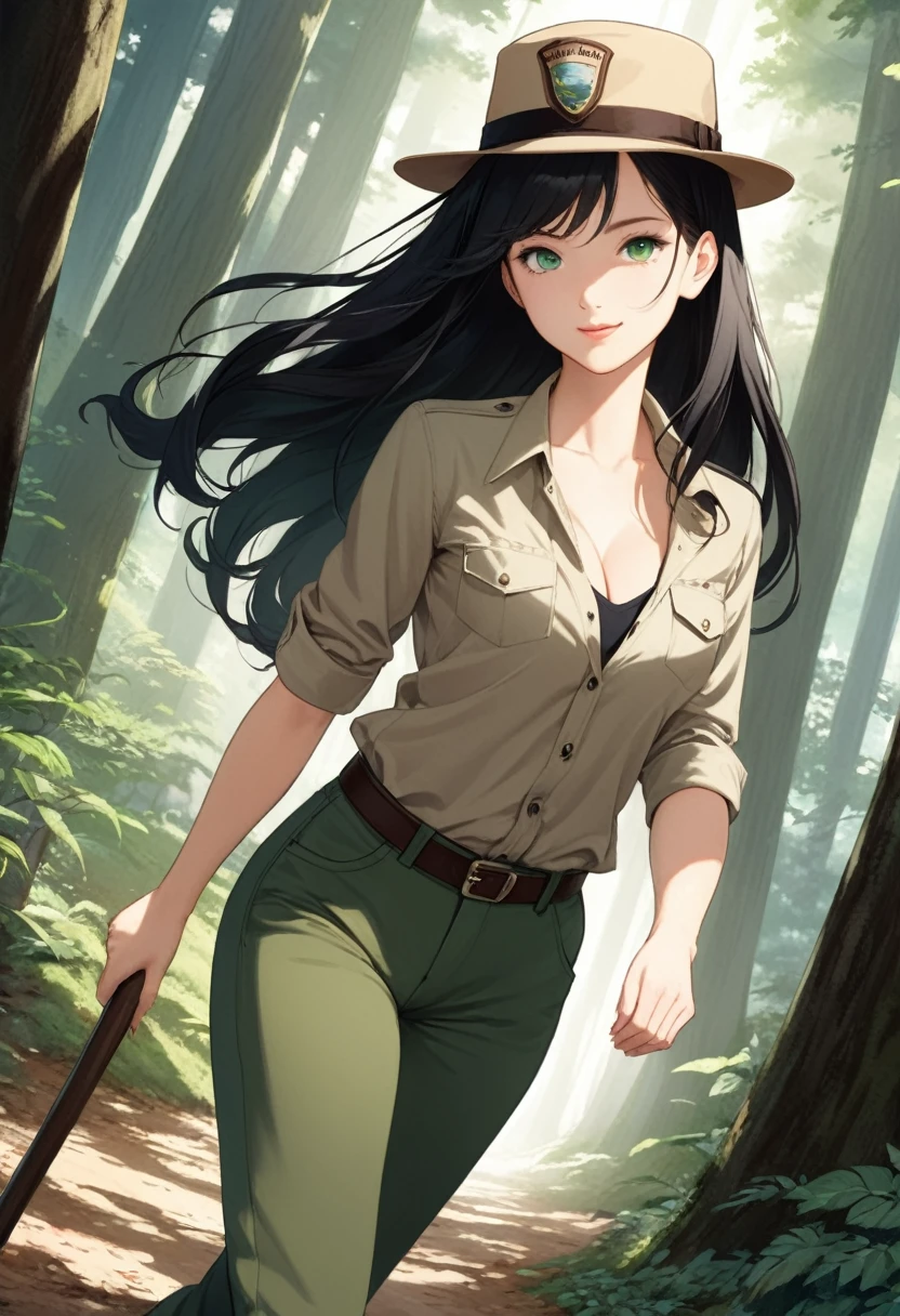 detailed illustration (side view),dynamic angle,ultra-detailed, illustration, pose for the camera, smiling at viewer, clean line art, shading, anime, detailed eyes, detailed face, beautiful face, dramatic lighting,detailed illustration, dynamic angle, ultra-detailed, illustration, 1girl, late 20’s year old, sensual face, gorgeous face,
Beautiful woman, Asian woman, long thick black hair, park ranger, national park service ranger, walking up a forest mountain trail, walking stick, park ranger hat, ranger hat, green pants, khaki shirt, tight shirt, top buttons undone, showing a little cleavage, long hair, long hair reaching lower back