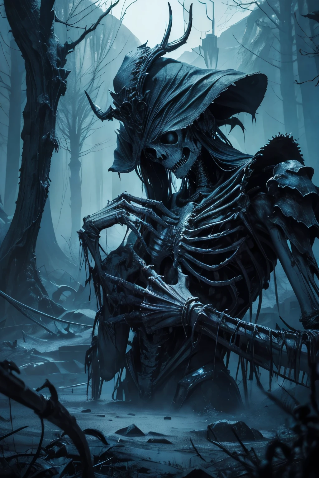 A chilling, spectral hand, characterized by its skeletal pallor and spindly fingers adorned with icy claws, clutches the shoulder of the last remaining comrade, exuding a sense of unrelenting coldness and desolation. The hand, devoid of warmth and life, seems to pierce through the fabric of reality, clinging desperately to the solace provided by human connection. The scene is filled with an eerie stillness, broken only by the rattling of bones and the ghostly whispers of memories long past. The image, rendered in high resolution, boasts exquisite detail, from the protruding veins to the delicately curved fing