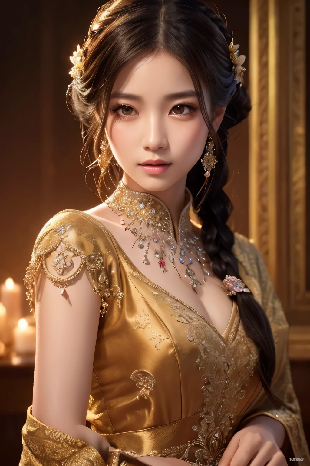 asian girl, beautiful detailed eyes, beautiful detailed lips, extremely detailed eyes and face, long eyelashes, intricate detailed ornate dress, elegant hairstyle, serene expression, atmospheric lighting, cinematic lighting, dramatic lighting, hyper detailed, 8k, high resolution, ultra realistic, photorealistic, masterpiece, concept art, digital painting, vibrant colors, warm color palette