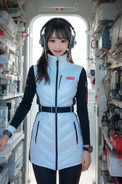 masterpiece, highest quality, Very detailed, 8K Portrait,Japanese Android Girl,plump , Control panel,Robotic arms and legs, Blunt bangs,,break (Metallic Gray, Metallic luster, Mirror finish, Astro Best):5,headphone:5,break (Black sleeves):100,Smart Watches,Futuristic space station,Control Room,break headphone,blue eyes,(Black Hair):2,(Long Hair):1.3,View the viewer,(respirator),break blush:3,Hidden Hand,smile