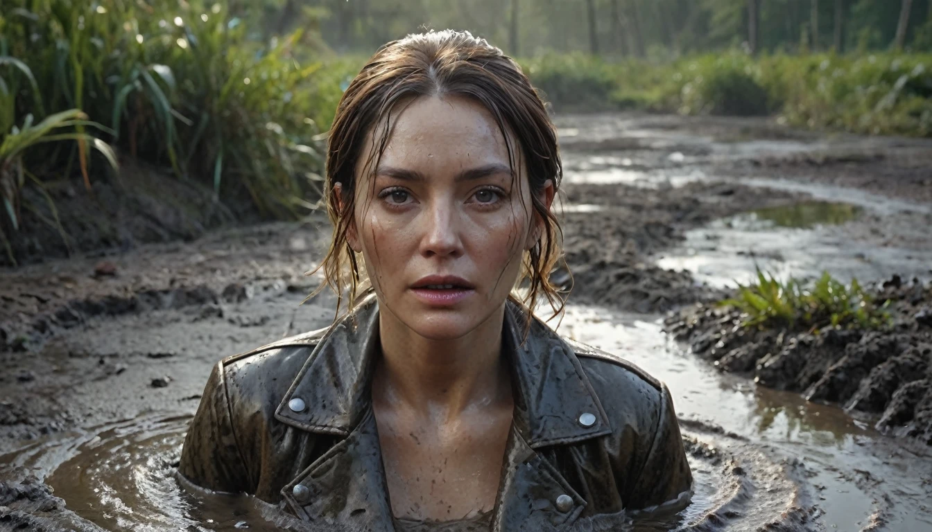 a 40-years-old woman's head drowned in a muddy bog, from afar view:1.0, orgasmic facial expression, losing control, (best quality,4k,8k,highres,masterpiece:1.2),ultra-detailed,(realistic,photorealistic,photo-realistic:1.37),HDR,UHD,studio lighting,ultra-fine painting,sharp focus,physically-based rendering,extreme detail description,professional,muted colors,bokeh,dark fantasy,muted lighting,cinematic, from above view, messy leather jacket