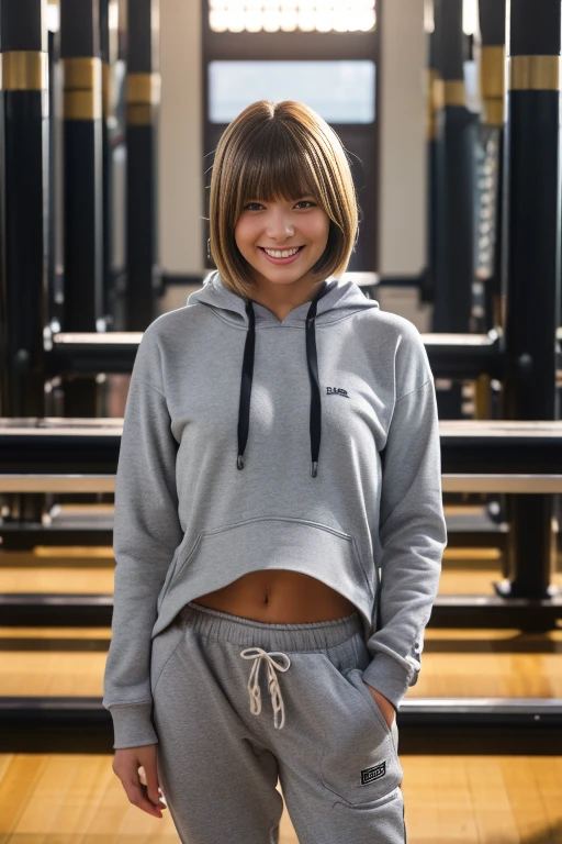 masterpiece, best quality, ultra quality, high quality, realistic, photo realistic,,natural lighting,(cinematic lighting:1.4),RAW photo, hyper detailed, intricate detailed, perfect anatomy, Fujifilm XT3, BREAK 1girl,Japanese,(slender abs:1.3),large hip,(camel toe:1.2),(Dark Blonde very short Bobcut hair over one eye with parted bangs:1.2), (smile:1.3),(blushing:1.3),teary eyes,(light gray sweat pants:1.3), BREAK (downblouse:1.3), BREAK (light gray hoodie:1.3),(breast focus), (looking at the floor),( looking to the side),( looking at another:1.4), BREAK (in gymnasium:1.5),(indoor), (mideum shot), ,from front, standing,Nipslip,(realistic beautiful nipples:1.3),(down hood:1.3),(no bra),(tanlines),tanned skin,
