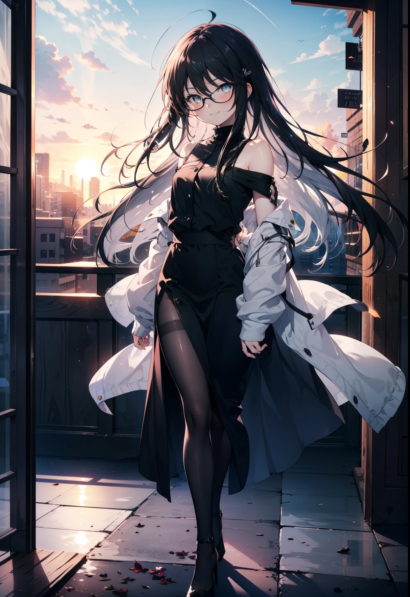 Shana,灼眼のShana,Ahoge,Long Hair,Black, Iris, Small ,happy smile, smile, Close your mouth,blush,Black-rimmed glasses,Cold shoulder tops,Long skirt,Black pantyhoiletto heels,walking,morning,morning陽,The sun is rising,whole bodyがイラストに入るように,
break looking at viewer, whole body,
break outdoors, Building district,
break (masterpiece:1.2), highest quality, High resolution, unity 8k wallpaper, (shape:0.8), (Beautiful and beautiful eyes:1.6), Highly detailed face, Perfect lighting, Highly detailed CG, (Perfect hands, Perfect Anatomy),