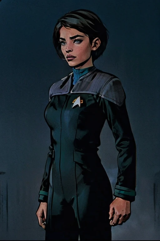 Jenna Coleman: Star Trek Deep Space Nine blue uniform: Enterprise Bridge background: