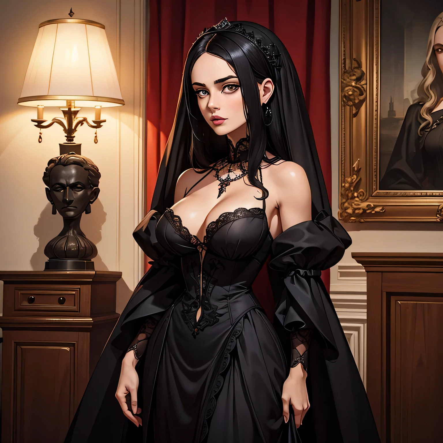 Uma mulher adulta,com longos cabelos negros sedosos,olhos verdes, red thin lips,rosto redondo,seios grandes empinados,quadris largos,tom de pele branco, wearing a long black gothic dress of the French aristocracy,sensual e atraente,sentada em um poltrona vermelha pomposa, defining a room in the classic baroque style, Bad lighting,toneladas escuras,167m,49kg,obra prima,arte detalhada de uma vampira

