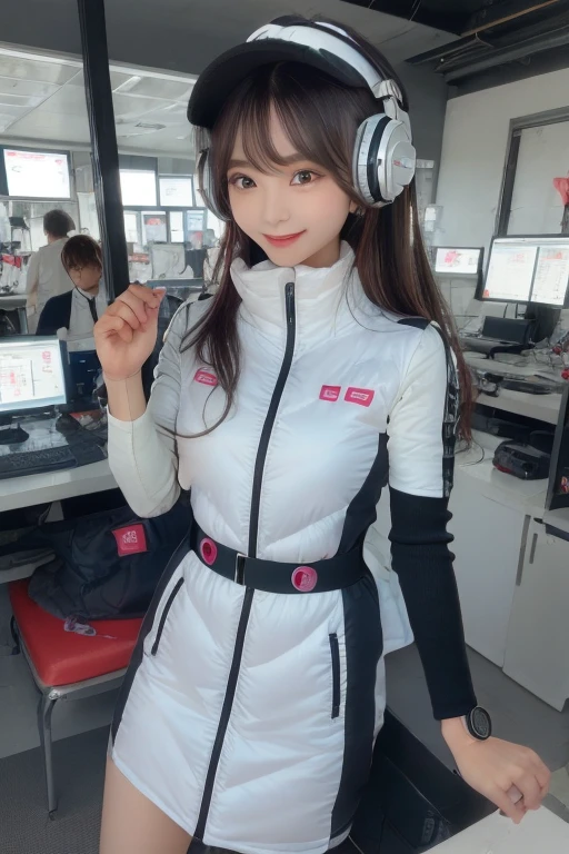 masterpiece, highest quality, Very detailed, 8K Portrait,Japanese Android Girl,plump , Control panel,Robotic arms and legs, Blunt bangs,,break (Metallic Gray, Metallic luster, Mirror finish, Astro Best):5,headphone:5,break (Black sleeves):100,Smart Watches,Futuristic space station,Control Room,break headphone,blue eyes,(Black Hair):2,(Long Hair):1.3,View the viewer,(respirator),break blush:3,Hidden Hand,smile