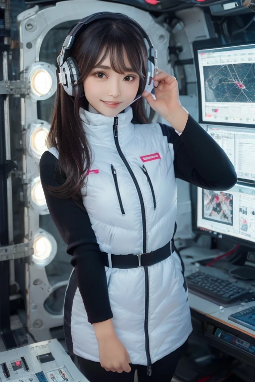 masterpiece, highest quality, Very detailed, 8K Portrait,Japanese Android Girl,plump , Control panel,Robotic arms and legs, Blunt bangs,,break (Metallic Gray, Metallic luster, Mirror finish, Astro Best):5,headphone:5,break (Black sleeves):100,Smart Watches,Futuristic space station,Control Room,break headphone,blue eyes,(Black Hair):2,(Long Hair):1.3,View the viewer,(respirator),break blush:3,Hidden Hand,smile