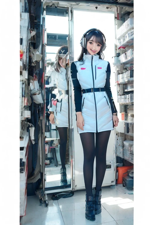 masterpiece, highest quality, Very detailed, 8K Portrait,Japanese Android Girl,plump , Control panel,Robotic arms and legs, Blunt bangs,,break (Metallic Gray, Metallic luster, Mirror finish, Astro Best):5,headphone:5,break (Black sleeves):100,Smart Watches,Futuristic space station,Control Room,break headphone,blue eyes,(Black Hair):2,(Long Hair):1.3,View the viewer,(respirator),break blush:3,Hidden Hand,smile