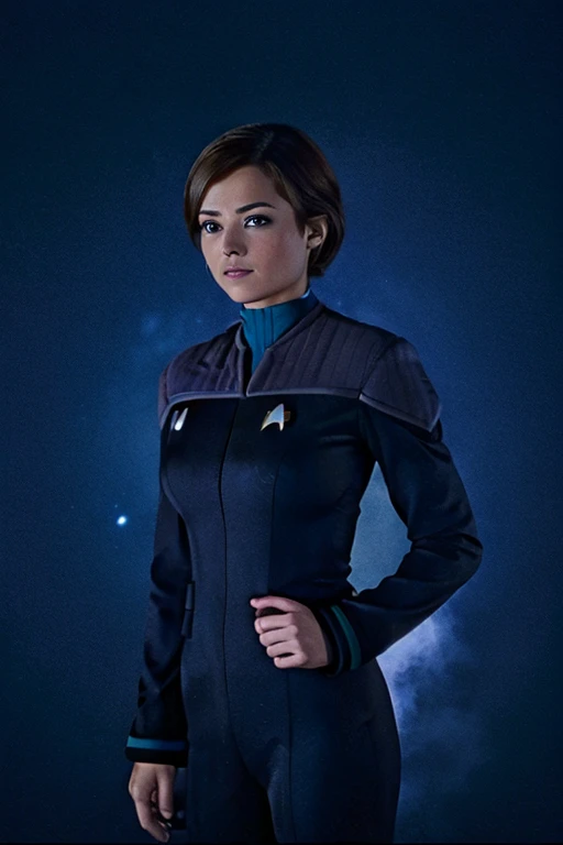 Jenna Coleman: Star Trek Deep Space Nine blue uniform: Enterprise Bridge background: